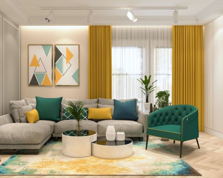 yellow color living room curtains