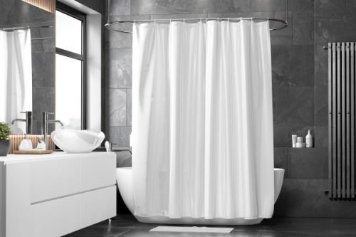 white polyester curtains in shower room