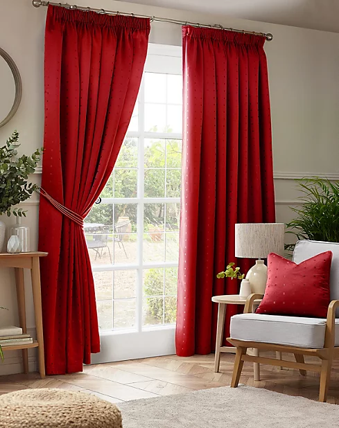Bright red curtains framing patio