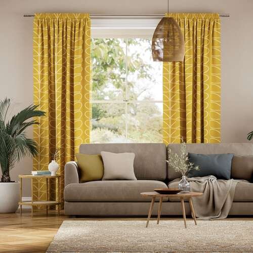 Modern living room featuring yellow curtains