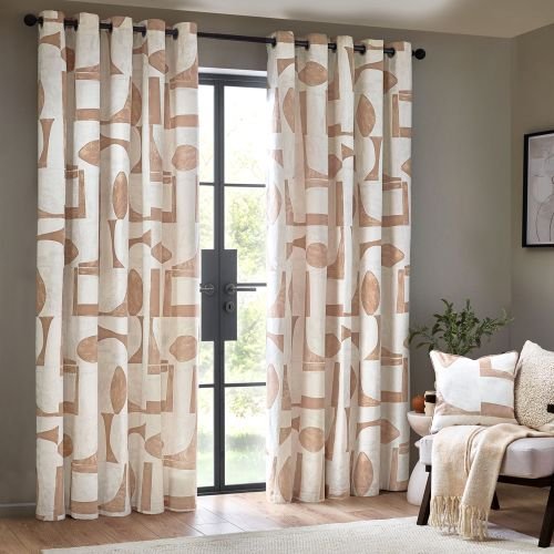 Geometric beige eyelet curtains in room