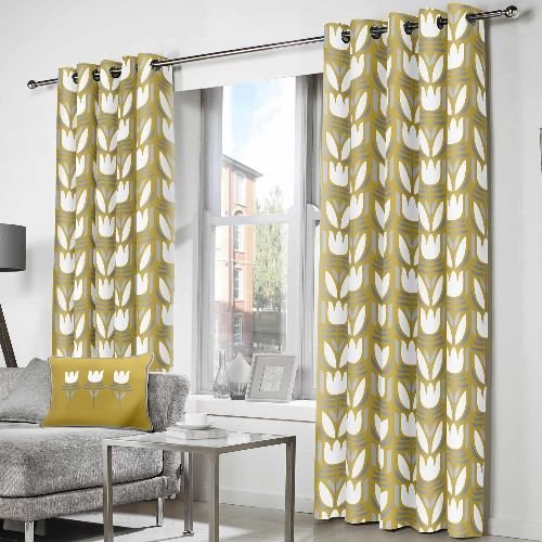 Yellow tulip eyelet curtains in lounge