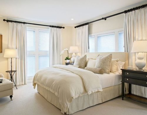 minimalist white curtains with black rod in bedroom