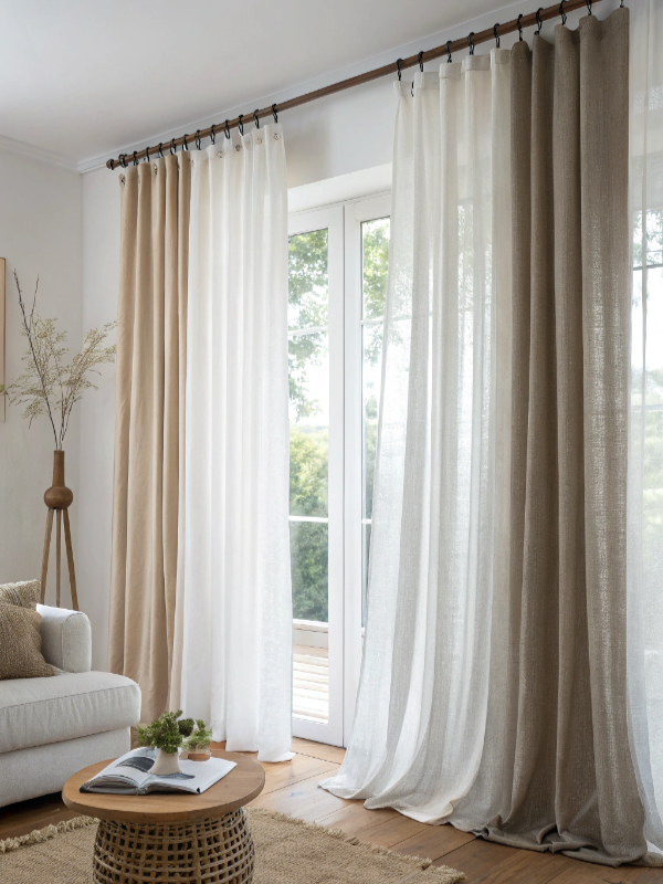Neutral linen curtains with sheers
