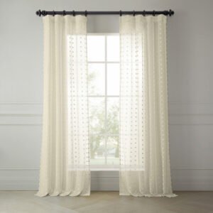 Cream Geometric Faux Linen Sheer Curtain