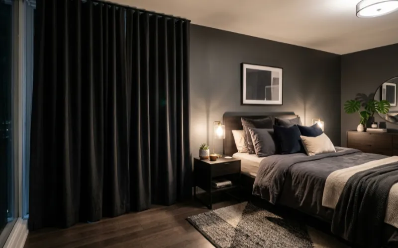 custom blackout curtains dubai — modern bedroom with dark drapes