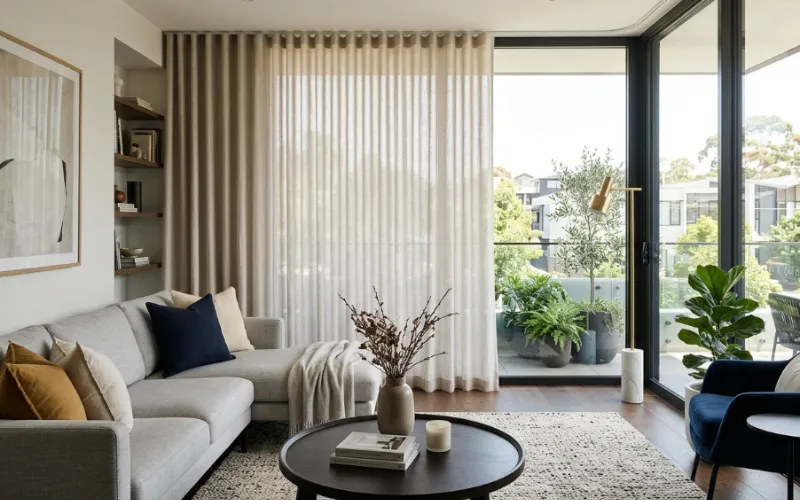 custom curtains dubai — wave fold curtains in modern living room