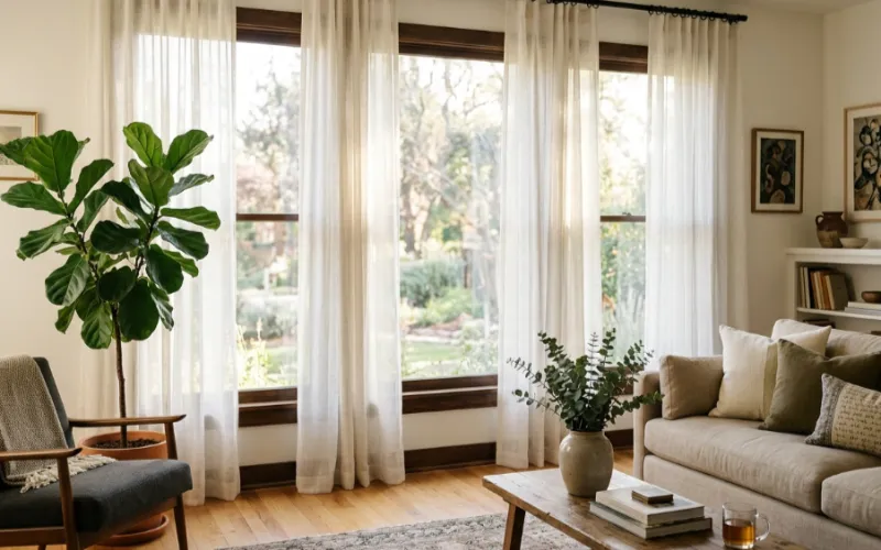 custom sheer curtains dubai — light-filter living room install