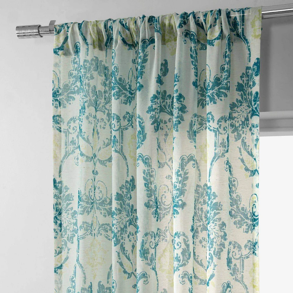 Terrace Teal Damask Printed Sheer Curtains