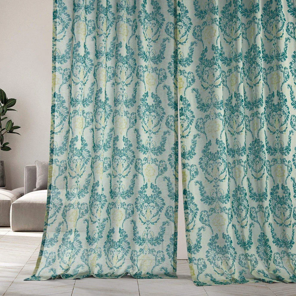Terrace Teal Damask Printed Sheer Curtains