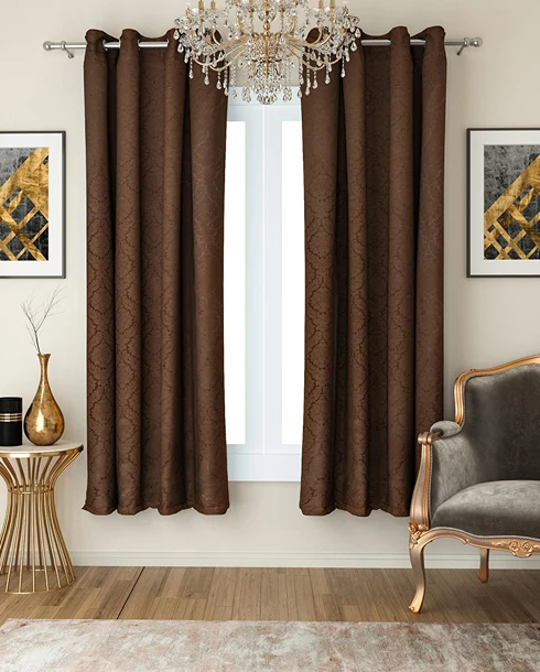 Coffee Brown Leaf Eyelet Curtains
