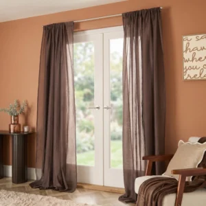 Coffee Linen Look Slot Top Voile Curtains